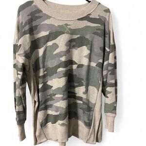 Aerie cream and green camo crewneck